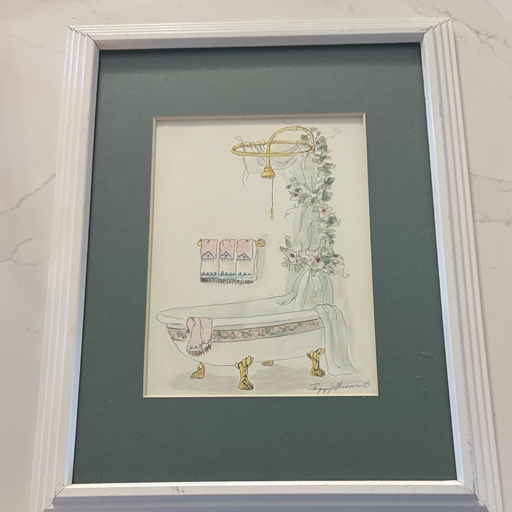 Vintage Peggy Abram framed watercolor art clawfoot bathtub illustration